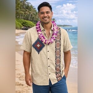 Ouku, size XL, linen blend cream Aztec themed button down shirt